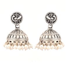 92.5 Sterling silver Earrings Round  Peacock Embossed design jhumki Silver beads tassel Earrings