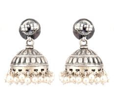 92.5 Sterling silver Earrings Round  Peacock Embossed design jhumki Silver beads tassel Earrings
