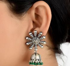 92.5 Sterling Silver Earrings Big Flower Jhumki Green Onyx tassel Hanging  Beads