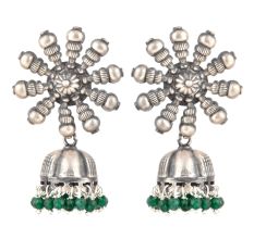 92.5 Sterling Silver Earrings Big Flower Jhumki Green Onyx tassel Hanging  Beads