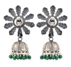 92.5 Sterling Silver Earrings Big Flower Jhumki Green Onyx tassel Hanging  Beads