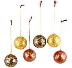 Hand painted Paper Mache Ball Ornaments Golden Leafy Pattern (Set Of 6)