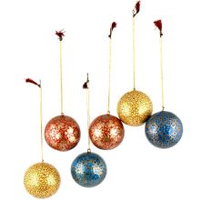 Hand Painted Paper Mache Blue Yellow Red Ball Ornaments Golden Leafy Pattern (Set Of 6)