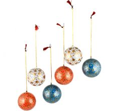 Hand Painted Paper Mache Balls Deep Coral Blossoms Golden Leaves And Outline (Set of 6)