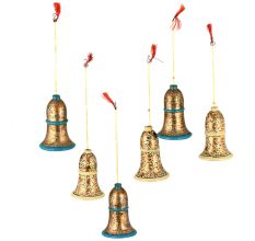 Hand Painted Bell Shaped Paper Mache Christmas Hanging Floral Blossoms With Gold Outline ( Set Of 6)