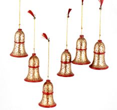 Red Bell Paper Mache Christmas Ornament Hand painted Golden Floral Design (Set Of 6)