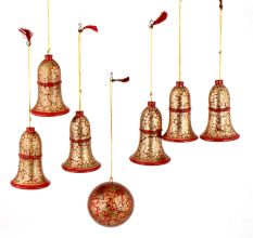 Red Floral Jingle Bell Paper Mache Christmas Ornaments (Set Of 7)