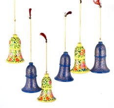 Handcrafted paper Mache Bell Christmas Ornaments Yellow And Blue Floral Design Hangings (Set OF 6)