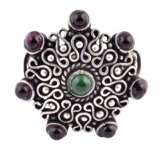 Oxidized 92.5 Sterling Silver Ring Adjustable With Onyx in centre and Amethyst Stone In Border (Free Size)