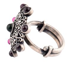 Oxidized 92.5 Sterling Silver Ring Adjustable With Onyx in centre and Amethyst Stone In Border (Free Size)