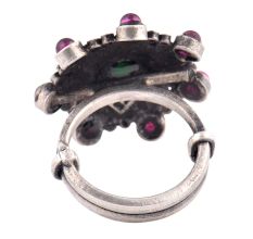 Oxidized 92.5 Sterling Silver Ring Adjustable With Onyx in centre and Amethyst Stone In Border (Free Size)