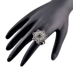 Oxidized 92.5 Sterling Silver Ring Adjustable With Onyx in centre and Amethyst Stone In Border (Free Size)