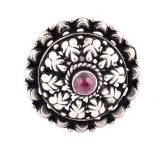 Adjustable Oxidized 92.5 Sterling Silver Ring Leaves flowers And Amethyst Stone (Free Size)