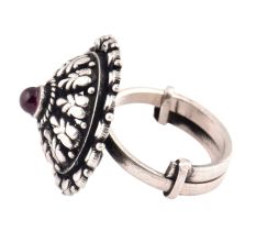 Adjustable Oxidized 92.5 Sterling Silver Ring Leaves flowers And Amethyst Stone (Free Size)