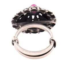 Adjustable Oxidized 92.5 Sterling Silver Ring Leaves flowers And Amethyst Stone (Free Size)