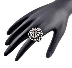 Adjustable Oxidized 92.5 Sterling Silver Ring Leaves flowers And Amethyst Stone (Free Size)