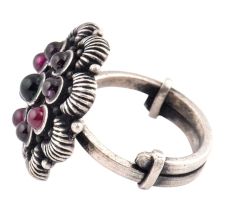 Adjustable Oxidized 92.5 Sterling Silver Ring Petals Round Amethyst And Onyx Stones (Free Size)