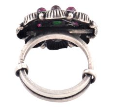 Adjustable Oxidized 92.5 Sterling Silver Ring Petals Round Amethyst And Onyx Stones (Free Size)