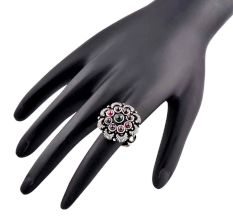Adjustable Oxidized 92.5 Sterling Silver Ring Petals Round Amethyst And Onyx Stones (Free Size)