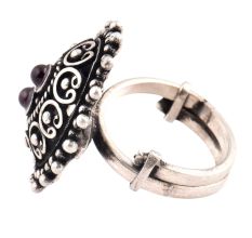 Oxidized 92.5 Sterling Silver Ring Adjustable Oval Engraved Amethyst Studded  Ring (Free Size)
