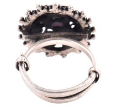 Oxidized 92.5 Sterling Silver Ring Adjustable Oval Engraved Amethyst Studded  Ring (Free Size)