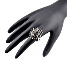 Oxidized 92.5 Sterling Silver Ring Adjustable Oval Engraved Amethyst Studded  Ring (Free Size)