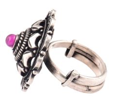 Oxidized 92.5 Sterling Silver Ring Adjustable Round Floral Amethyst Ring (Free Size)