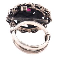 Oxidized 92.5 Sterling Silver Ring Adjustable Round Floral Amethyst Ring (Free Size)