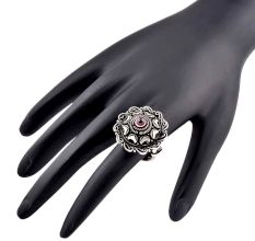Oxidized 92.5 Sterling Silver Ring Adjustable Round Floral Amethyst Ring (Free Size)