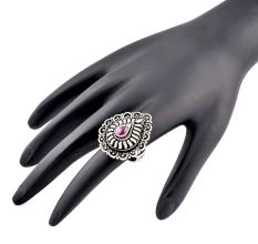Oxidized 92.5 Sterling Silver Ring Adjustable Pear shaped Amethyst stone Designer Ring (Free Size)