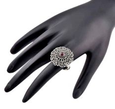 Oxidized 92.5 Sterling silver Ring Adjustable Amethyst Stone Studded  Floral and Paisley Design (Free Size)