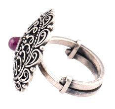 Oxidized 92.5 Sterling silver Ring Adjustable Amethyst Stone Studded Paisley Design (Free Size)