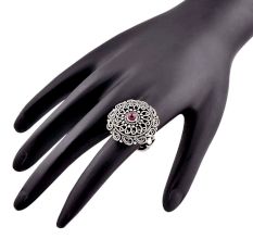 Oxidized 92.5 Sterling silver Ring Adjustable Amethyst Stone Studded Paisley Design (Free Size)