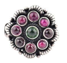Oxidized 92.5 Sterling Silver Ring Adjustable Petals Round Amethyst And Onyx Studded Ring (Free Size)
