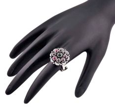 Oxidized 92.5 Sterling Silver Ring Adjustable Petals Round Amethyst And Onyx Studded Ring (Free Size)