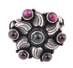 Oxidized 92.5 Sterling Silver Ring Adjustable Flower Decorated With Amethyst and Onyx Stones (Free Size)