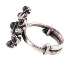 Oxidized 92.5 Sterling Silver Ring Adjustable Flower Decorated With Amethyst and Onyx Stones (Free Size)