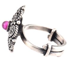 Oxidized 92.5 Sterling Silver Ring Adjustable Double Rope Parsley Amethyst Stone Studded Ring (Free Size)
