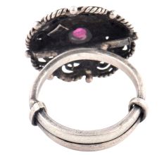 Oxidized 92.5 Sterling Silver Ring Adjustable Double Rope Parsley Amethyst Stone Studded Ring (Free Size)