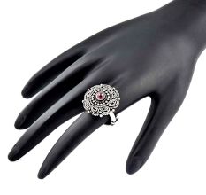 Oxidized 92.5 Sterling Silver Ring Adjustable Double Rope Parsley Amethyst Stone Studded Ring (Free Size)