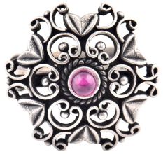 Oxidized 92.5 Sterling Silver Ring Round Amethyst and Heart Scroll Design (Free Size)