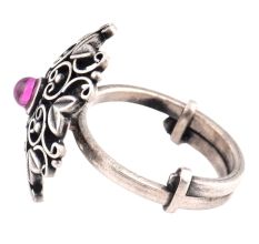 Oxidized 92.5 Sterling Silver Ring Round Amethyst and Heart Scroll Design (Free Size)