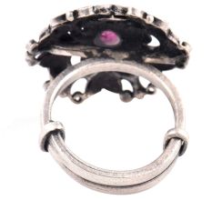 Oxidized 92.5 Sterling Silver Ring Round Amethyst and Heart Scroll Design (Free Size)