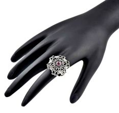 Oxidized 92.5 Sterling Silver Ring Round Amethyst and Heart Scroll Design (Free Size)