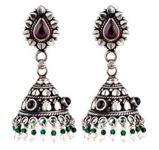Amethyst Studded 92.5 Sterling Silver jhumki Earrings  With Onyx Stone And Green Onyx Beads