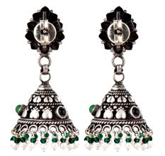 Amethyst Studded 92.5 Sterling Silver jhumki Earrings  With Onyx Stone And Green Onyx Beads