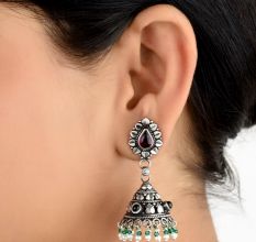 Amethyst Studded 92.5 Sterling Silver jhumki Earrings  With Onyx Stone And Green Onyx Beads