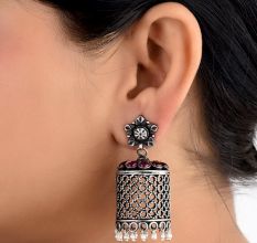 Long 92.5 Sterling Silver Jhumki Earrings With Floral Stud And Amethyst Stones
