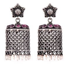 Long 92.5 Sterling Silver Jhumki Earrings With Floral Stud And Amethyst Stones