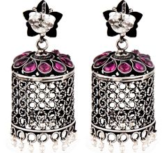 Long 92.5 Sterling Silver Jhumki Earrings With Floral Stud And Amethyst Stones